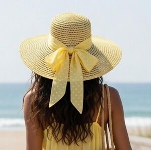 Sunflower yellow straw hat with polka dot bow Spring/Summer beach Hat
